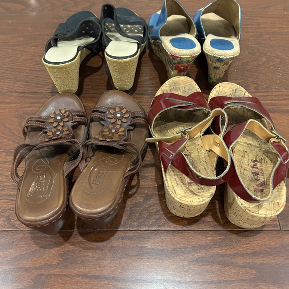 Lot of 4 Strappy Wedge Platform Slip On Sandals Korks Born Maroon Brown Black 7 - Picture 2 of 4